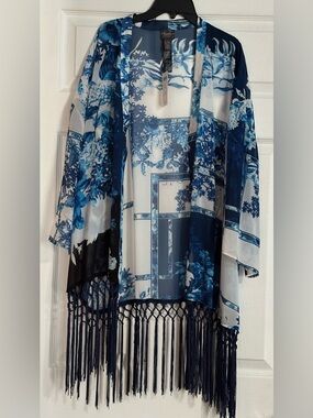 Chico's Travelers Blue Floral Patchwork Fringe Duster Jacket L/XL NWT